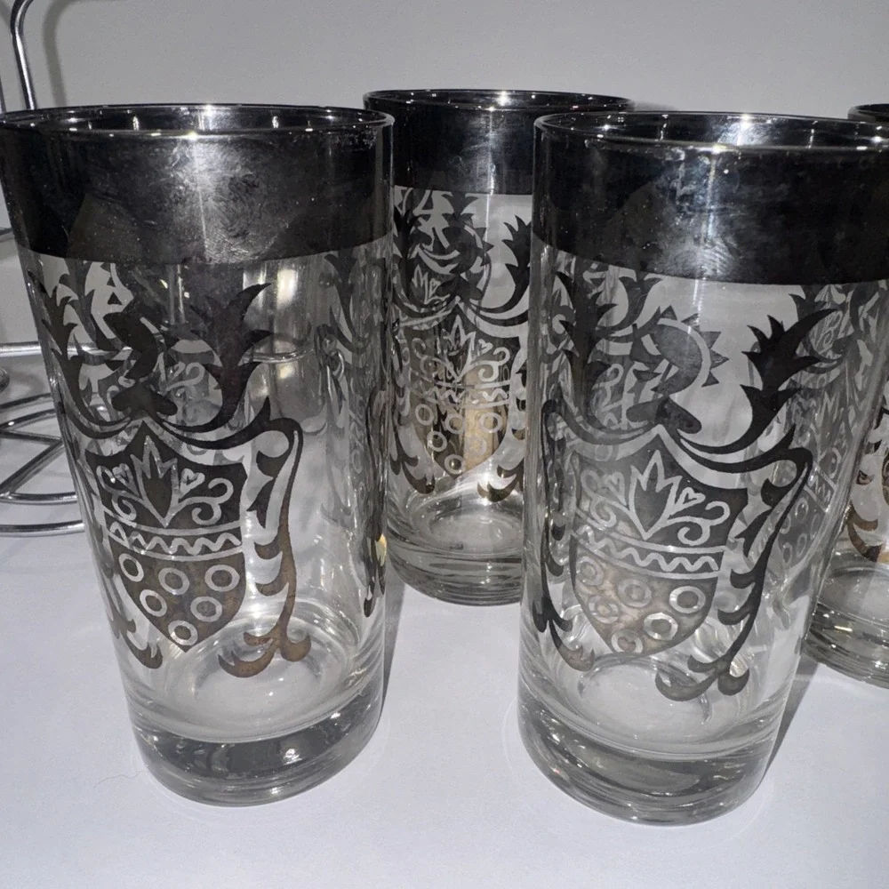 Kimiko Highball MCM Crest Glasses Silver Rim VTG Barware Caddy Coaster Set 4